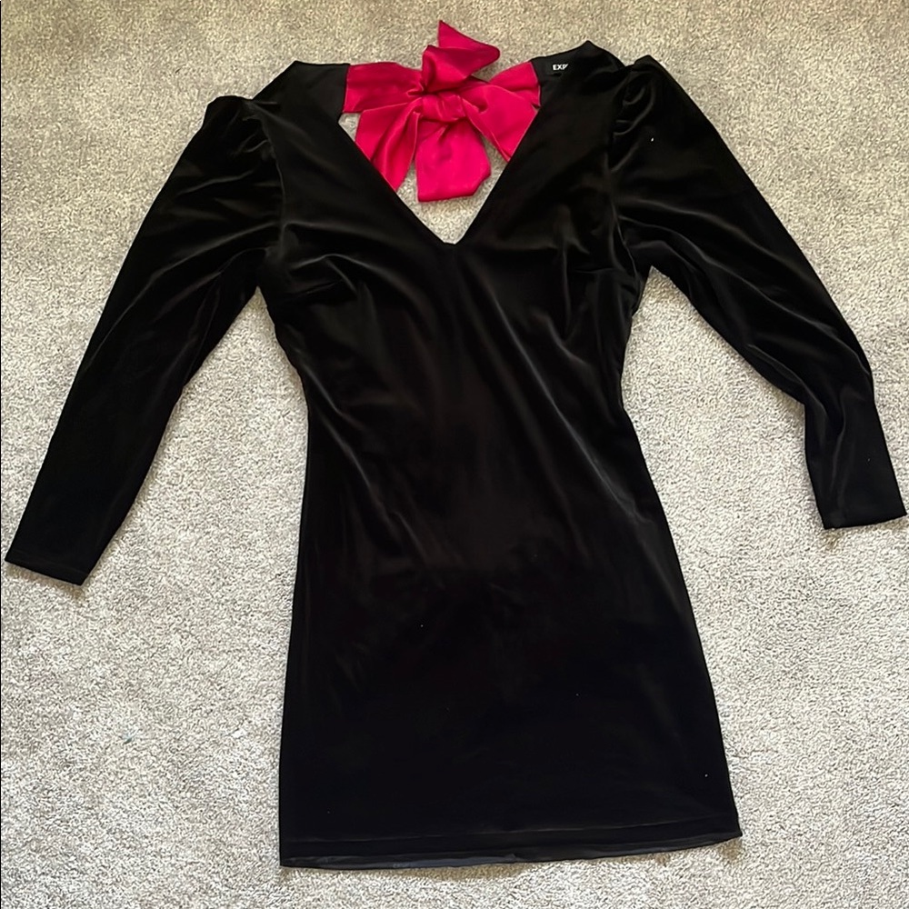 Express Black Mini Dress with Pink Bow, V-Neck, and Long Sleeves